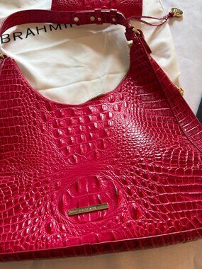 Brahamin Hot Pink Croc Embossed Leather Bag and Wallet